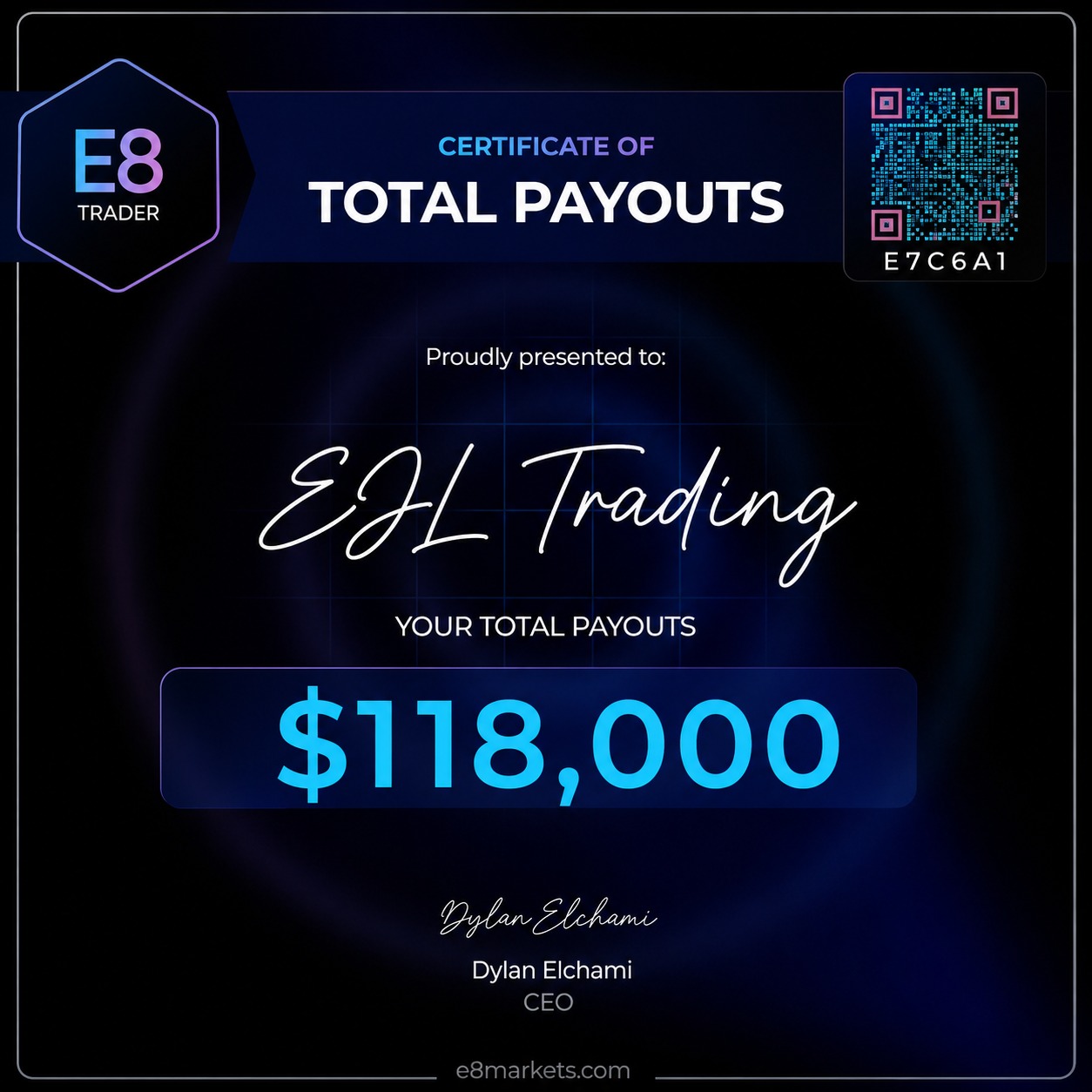 E8 Capital payout certificate — $118,000